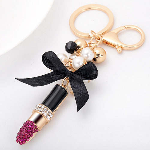 Fashion Designed Vintage Black Bowknot Pearl Keychain Red Rhinestone Lipstick Pendant Key Chain