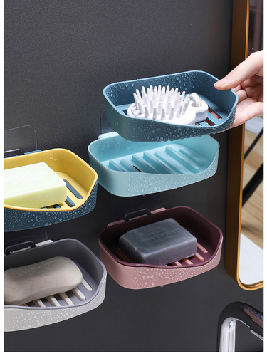 Nordic Minimalist Style Low Price Bathroom Organizer Wall-mounted Punch Free Double Layer Soap Box with Drain Pan