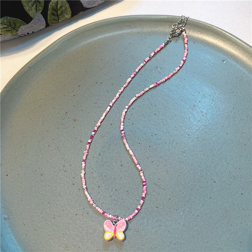 2023 Fashion Color Cartoon Heart Butterfly Beaded Necklace Sweet Cute Pendant Necklace for Girls