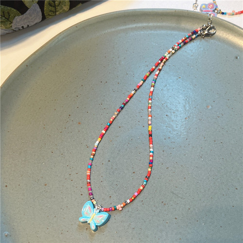 2023 Fashion Color Cartoon Heart Butterfly Beaded Necklace Sweet Cute Pendant Necklace for Girls