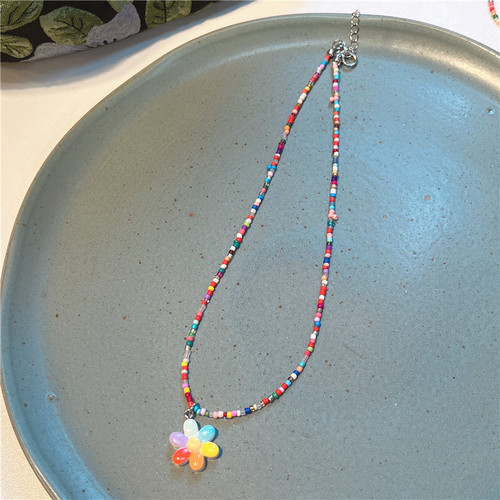 2023 Fashion Color Cartoon Heart Butterfly Beaded Necklace Sweet Cute Pendant Necklace for Girls