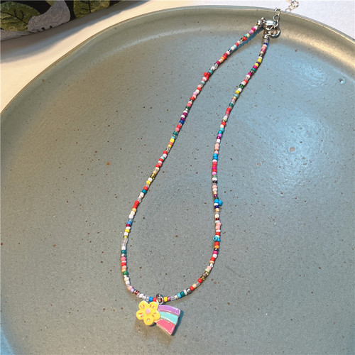 2023 Fashion Color Cartoon Heart Butterfly Beaded Necklace Sweet Cute Pendant Necklace for Girls