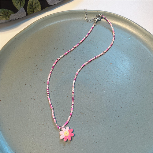 2023 Fashion Color Cartoon Heart Butterfly Beaded Necklace Sweet Cute Pendant Necklace for Girls