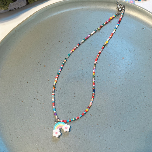 2023 Fashion Color Cartoon Heart Butterfly Beaded Necklace Sweet Cute Pendant Necklace for Girls