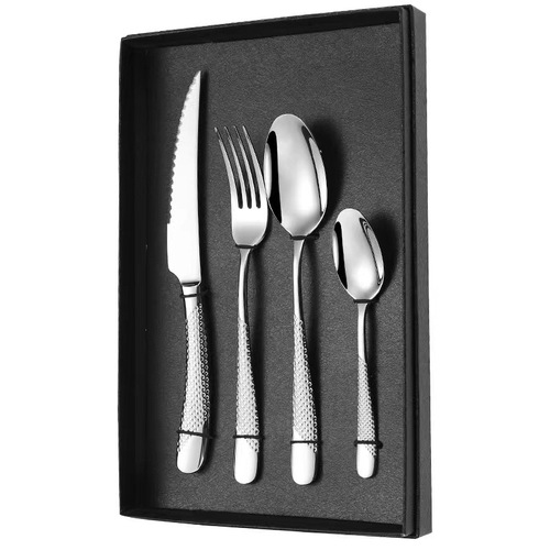  Etched printing stainless steel rustic fork and spoon gold silver hammered cutlery set of 4 with box