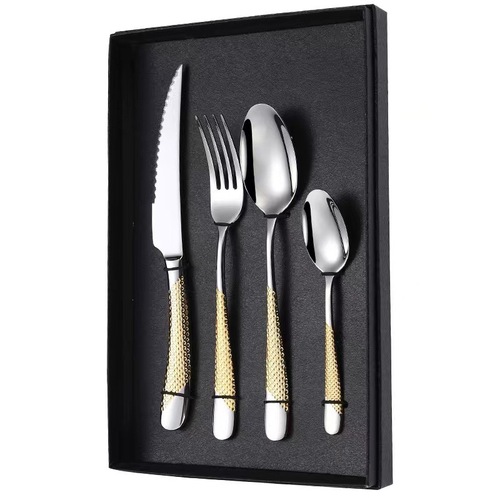  Etched printing stainless steel rustic fork and spoon gold silver hammered cutlery set of 4 with box
