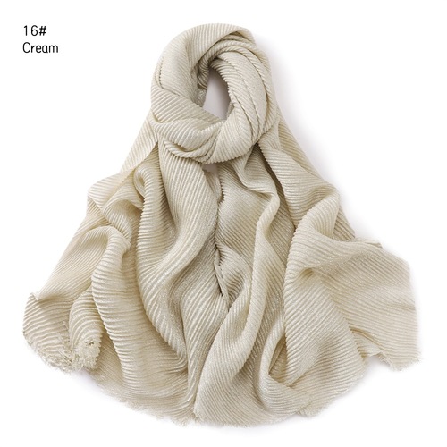 Pure Color Crimped Polyester Scarf for Women's Monochrome Two-End Short Beard Scarf Shawl
