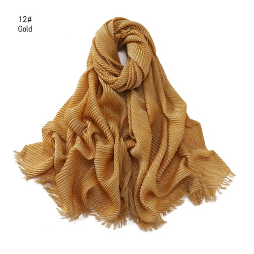 Pure Color Crimped Polyester Scarf for Women's Monochrome Two-End Short Beard Scarf Shawl