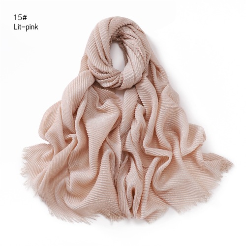 Pure Color Crimped Polyester Scarf for Women's Monochrome Two-End Short Beard Scarf Shawl
