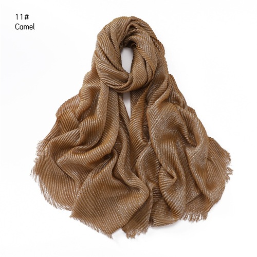 Pure Color Crimped Polyester Scarf for Women's Monochrome Two-End Short Beard Scarf Shawl