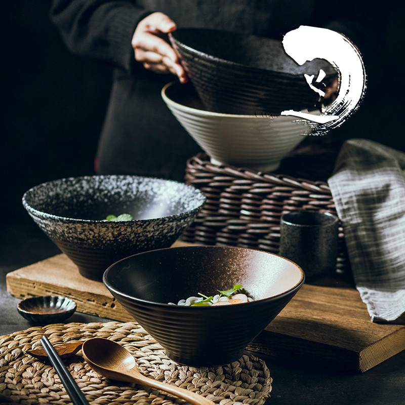 5 8 9 inch chinese EKA   porcelain udon pho noodle bowl chopsticks spoon black ramen bowl ceramic