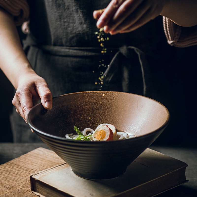 5 8 9 inch chinese EKA   porcelain udon pho noodle bowl chopsticks spoon black ramen bowl ceramic