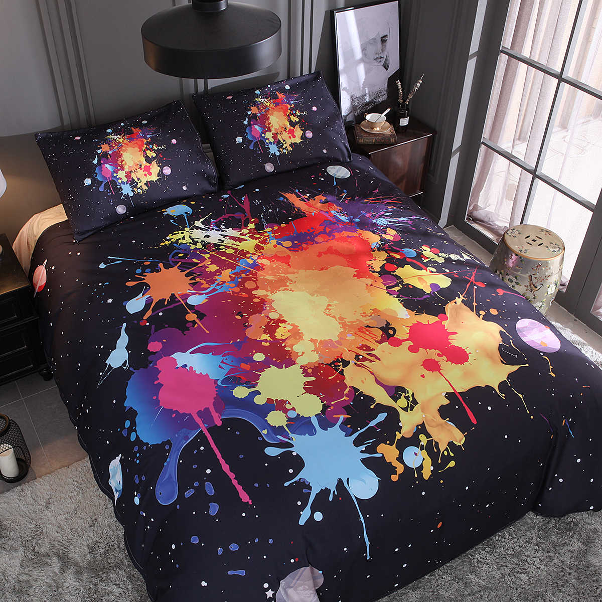 150X200MM Fashionable Watercolor Planet Quilt Cover Home Textiles Black Bedding Set