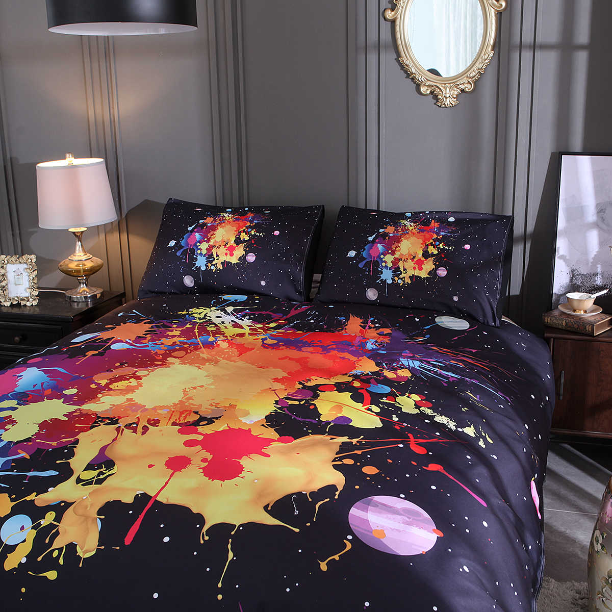 150X200MM Fashionable Watercolor Planet Quilt Cover Home Textiles Black Bedding Set