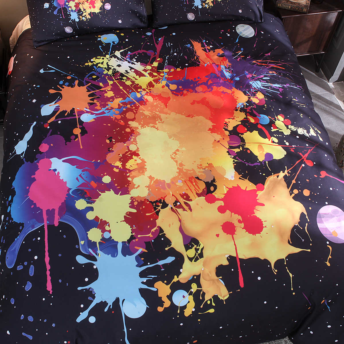 150X200MM Fashionable Watercolor Planet Quilt Cover Home Textiles Black Bedding Set