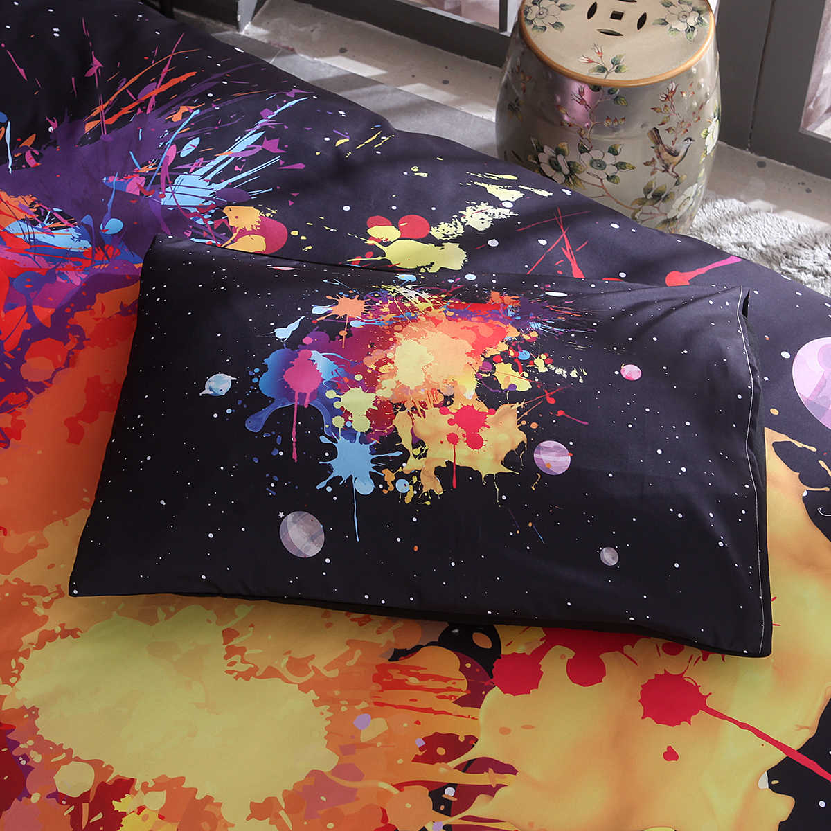 150X200MM Fashionable Watercolor Planet Quilt Cover Home Textiles Black Bedding Set
