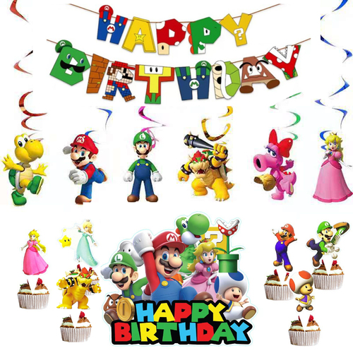 Kids Birthday Banner Hanging Swirl Cake Toppers Party Supplies Favors 32 PCS Package Super Mario Games Party Decorations