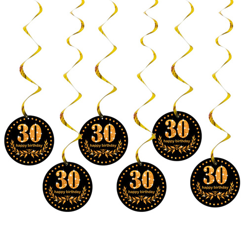 Happy Birthday Plastic Hanging Swirls 6pc/bag Black Gold Number Wall Decor 13th 16 18 30 40 50 60 70 90 80S Party Decora