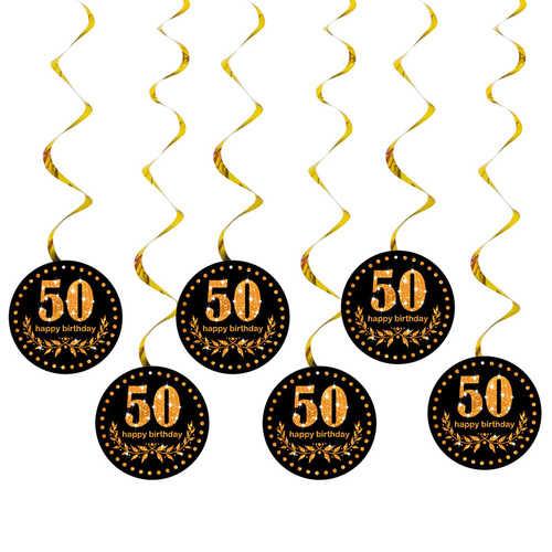 Happy Birthday Plastic Hanging Swirls 6pc/bag Black Gold Number Wall Decor 13th 16 18 30 40 50 60 70 90 80S Party Decora