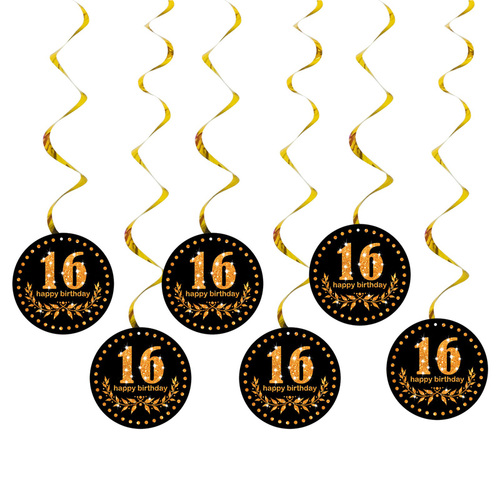 Happy Birthday Plastic Hanging Swirls 6pc/bag Black Gold Number Wall Decor 13th 16 18 30 40 50 60 70 90 80S Party Decora