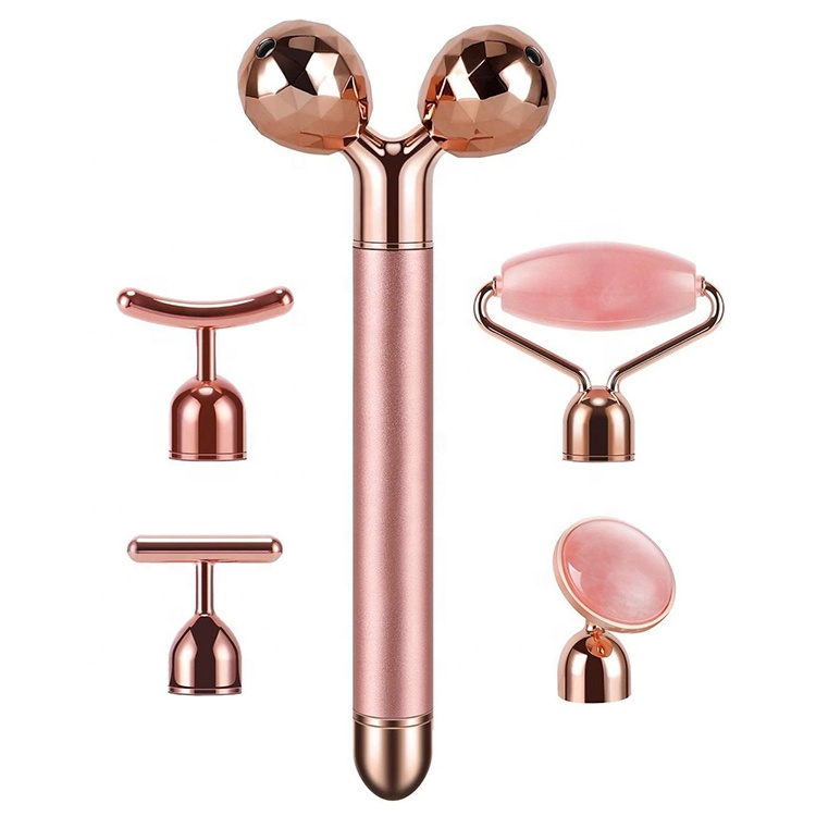 2023 Hot Selling Beauty Bar Facial Skin Care Tool Rose Quartz Vibrating 5 in 1 Electric Jade Roller