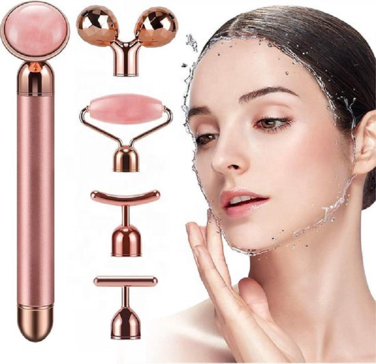 2023 Hot Selling Beauty Bar Facial Skin Care Tool Rose Quartz Vibrating 5 in 1 Electric Jade Roller