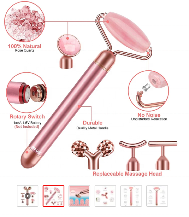 2023 Hot Selling Beauty Bar Facial Skin Care Tool Rose Quartz Vibrating 5 in 1 Electric Jade Roller