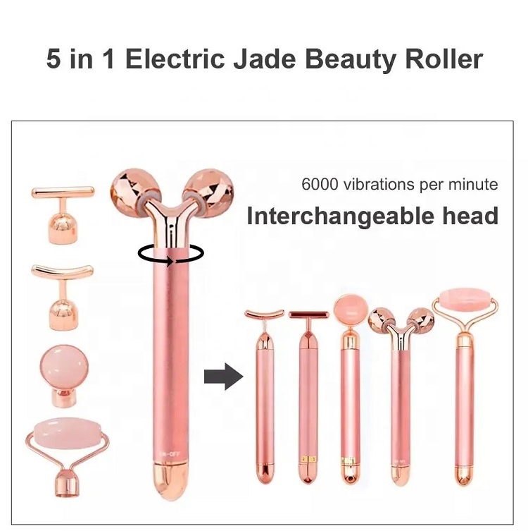 2023 Hot Selling Beauty Bar Facial Skin Care Tool Rose Quartz Vibrating 5 in 1 Electric Jade Roller