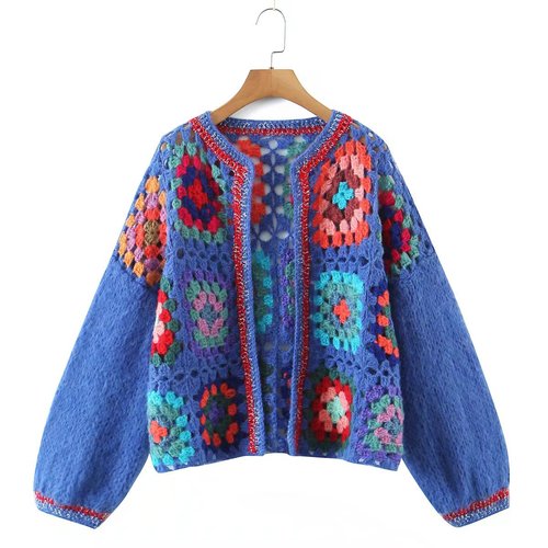 2023 Cropped Vintage Grandma Square Hand Crochet Openwork  Ladies Sweaters Modest Cardigan Mohair Knit Women Sweat