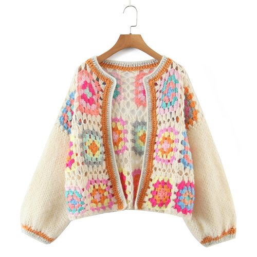 2023 Cropped Vintage Grandma Square Hand Crochet Openwork  Ladies Sweaters Modest Cardigan Mohair Knit Women Sweat