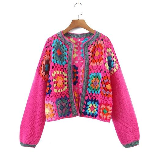 2023 Cropped Vintage Grandma Square Hand Crochet Openwork  Ladies Sweaters Modest Cardigan Mohair Knit Women Sweat