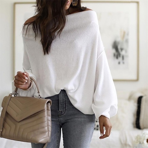 Sexy Batwing Sleeve Simple Design Ribbed Knit Crop Tops knitwear pullover Plus Size long sleeves Women Off Shoulder Swea