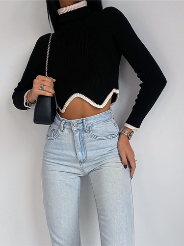 New Arrival High Collar Knit Long Sleeve Crop Top Women Fashionable Oversize Pullover Sweater