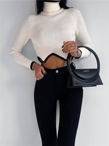 New Arrival High Collar Knit Long Sleeve Crop Top Women Fashionable Oversize Pullover Sweater