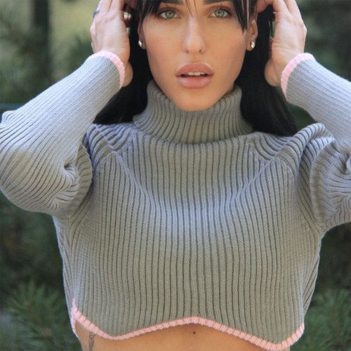 New Arrival High Collar Knit Long Sleeve Crop Top Women Fashionable Oversize Pullover Sweater