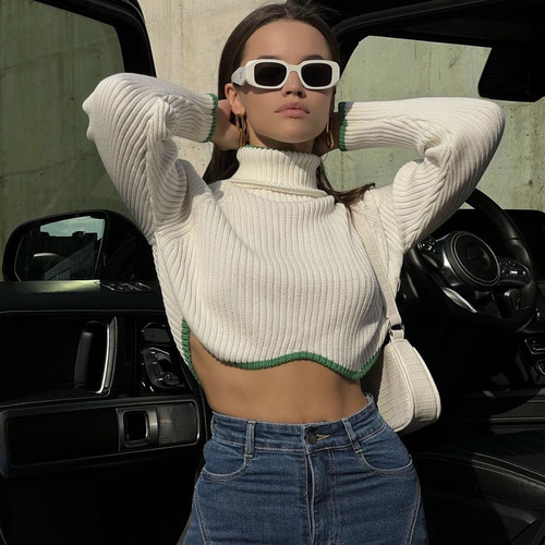 New Arrival High Collar Knit Long Sleeve Crop Top Women Fashionable Oversize Pullover Sweater