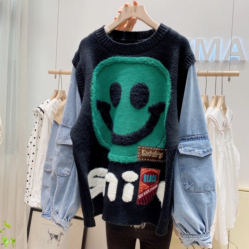 Ready to ship autumn winter smile knitted casual patchwork cute free size women sweater