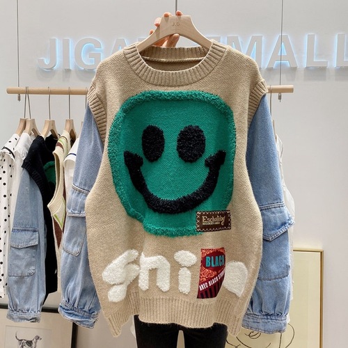 Ready to ship autumn winter smile knitted casual patchwork cute free size women sweater