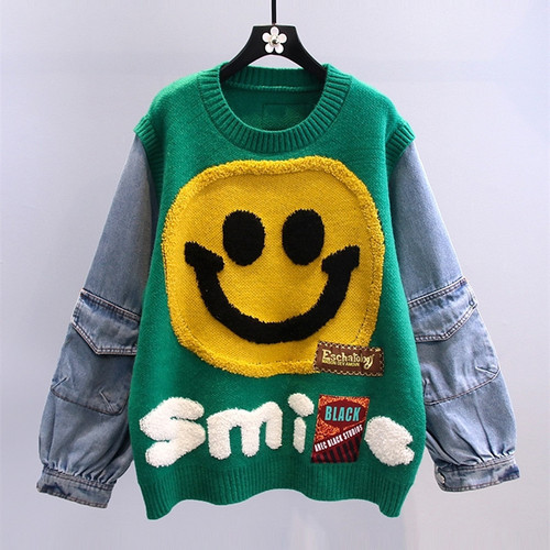 Ready to ship autumn winter smile knitted casual patchwork cute free size women sweater