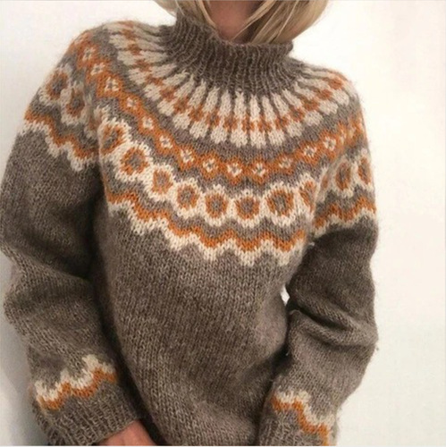 Autumn and winter new European and American women's high collar Pullover thick needle jacquard sweater women's knitting 