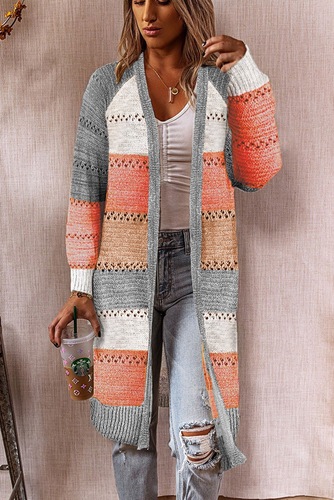 R46 cardigan Women Cardigan Comfy Stylish Stitching Long Sleeve Striped Patchwork Sweater Female Casual Long Tops
