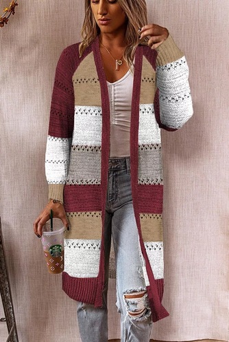 R46 cardigan Women Cardigan Comfy Stylish Stitching Long Sleeve Striped Patchwork Sweater Female Casual Long Tops