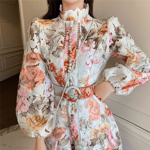 ZYHT Hot Selling Women clothing Fashion Spring Autumn Puff Sleeve Dress Long Sleeve Floral Dress Hollow Out Lace Ladies 