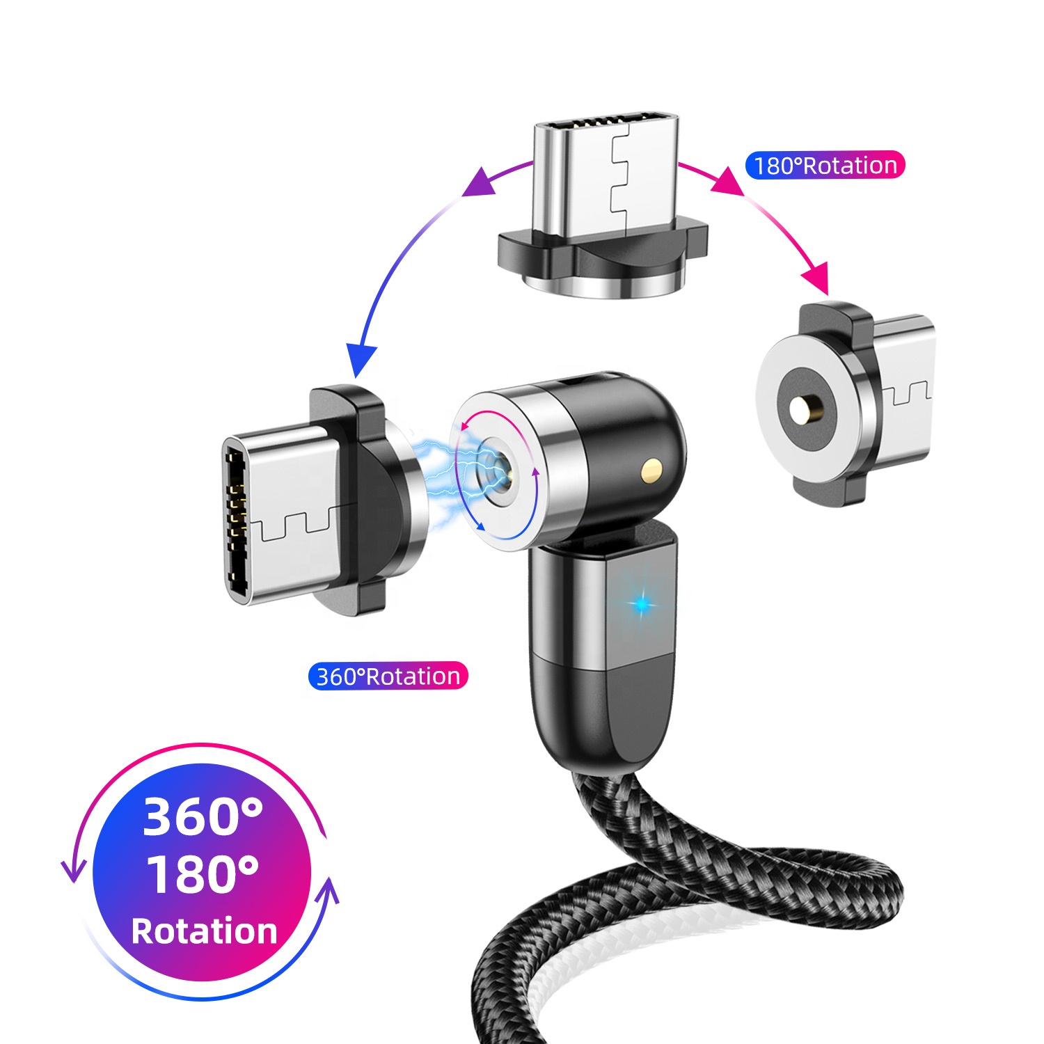 USLION 540 Degree Rotating USB Magnetic Cable Charger Mobile Phone 3 in 1 USB Cable Type C IOS Micro USB Charging Cable 