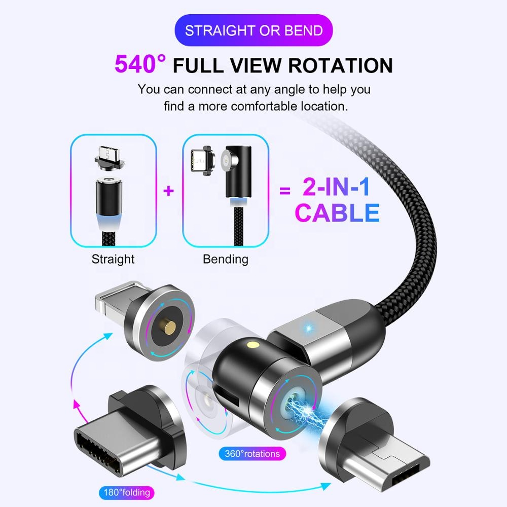 USLION 540 Degree Rotating USB Magnetic Cable Charger Mobile Phone 3 in 1 USB Cable Type C IOS Micro USB Charging Cable 