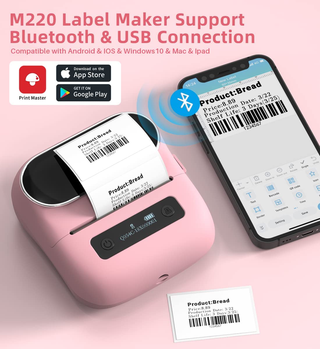 Handheld 80mm Mini Thermal Label Printer M220 for Phones Computer
