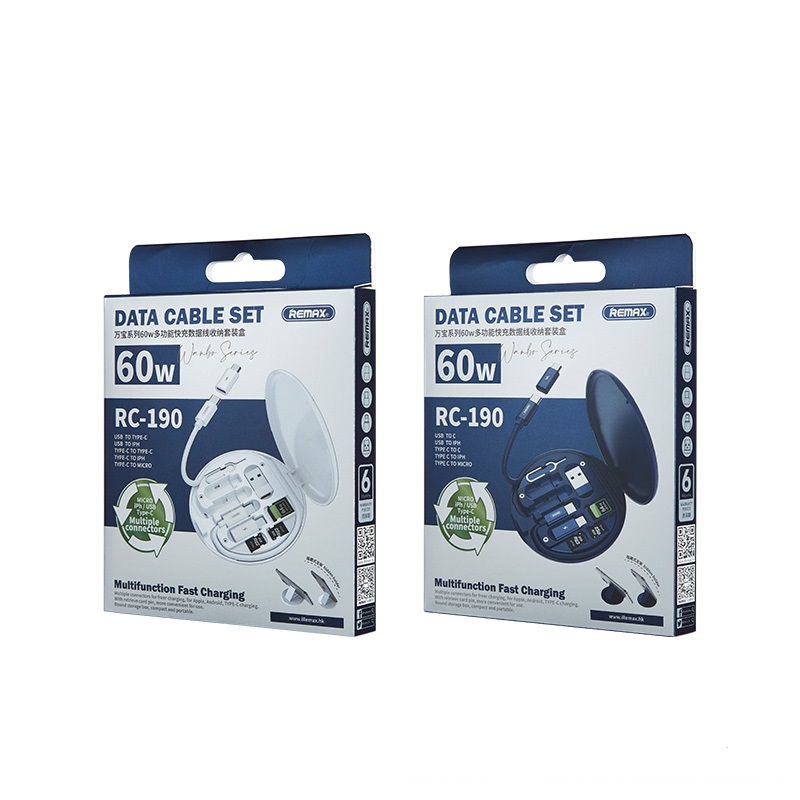 Remax globally recruit agents RC-190 Multifunctional mobile phone 60W Fast Charging data cable 3 in 1 USB cable set stor