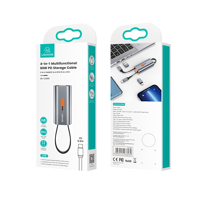USAMS SJ560 4 in 1 Multifunctional 60W PD Fast Charging cable foldable 60W PD type c to type c fast charging data cable
