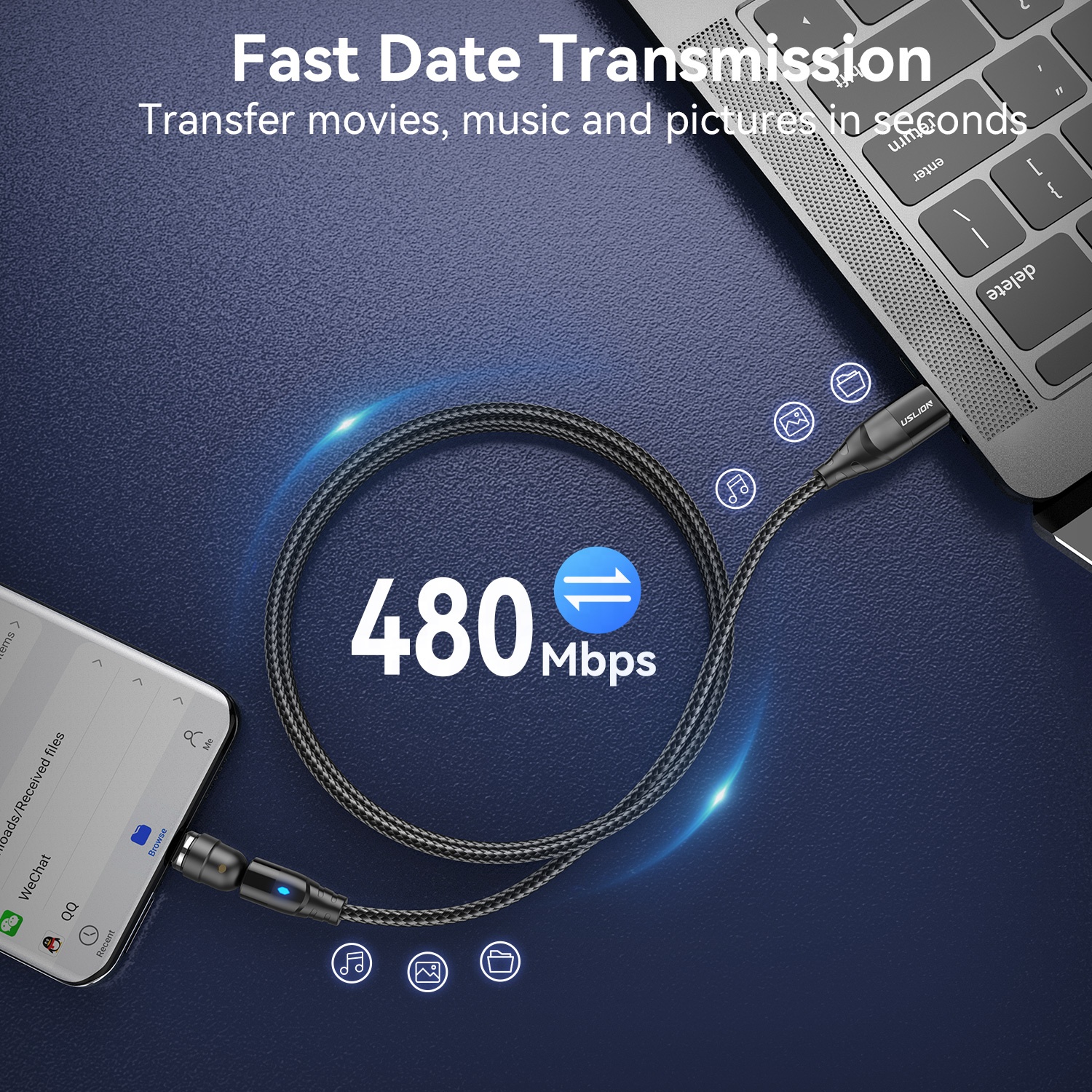 USLION PD60W 3 in 1 USB C To Type C 540 Magnetic Cable Charger Charging Cable Magnet Data Cables For iPhone 14 For Macbo