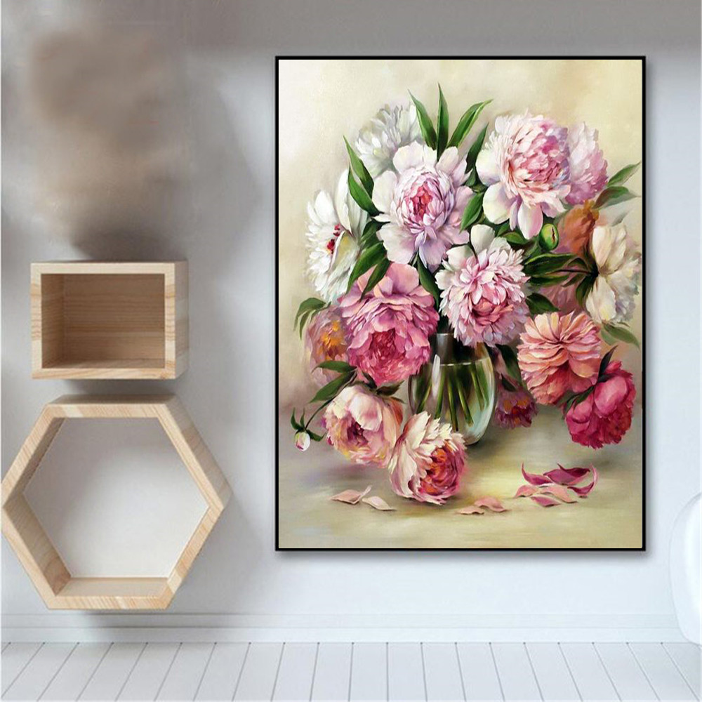 HUACAN Flowers Vase Cross Stitch Kit Embroidery Cotton Thread Peony Mosaic Painting Dropshipping DIY Needlework 14CT Dec